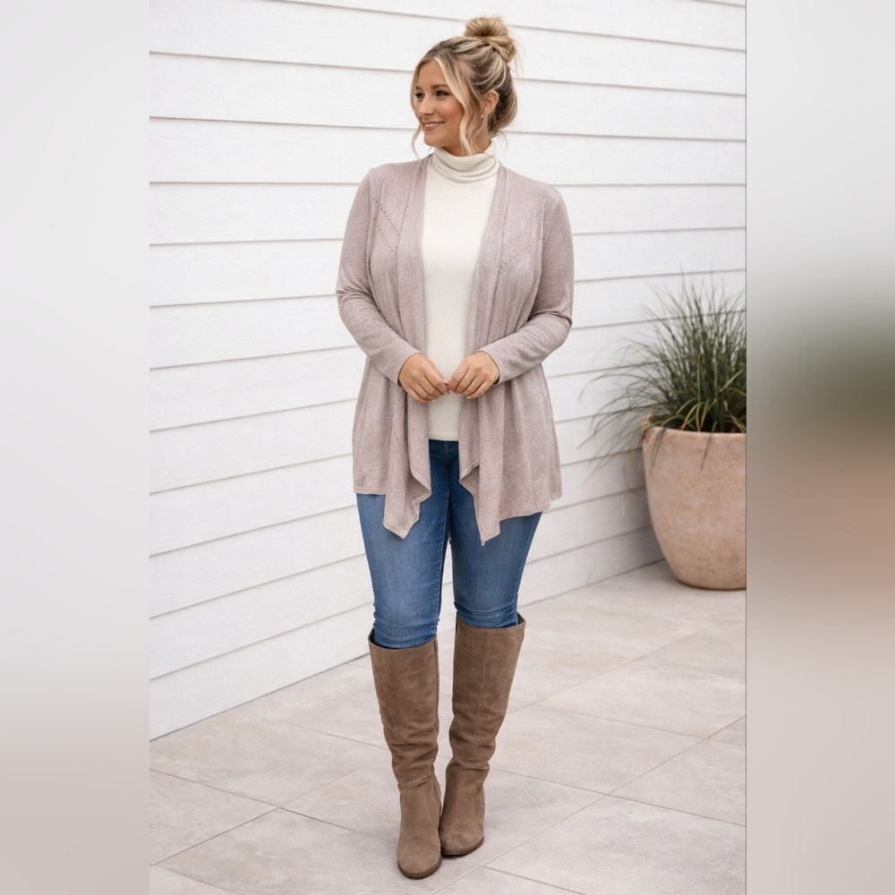 Travelers Collection By Chico's Cream & Metallic Gold Drape Front Cardigan 2/Lg